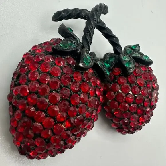 Weiss vintage black gunmetal red green rhinestones double strawberry brooch - Picture 4 of 8